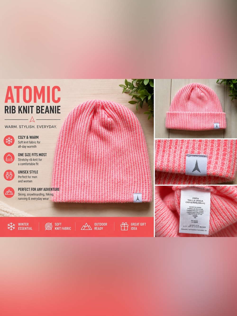 Atomic Neon Pink Rib Knit Beanie Hat Winter Ski Snowboard Slouchy One Size